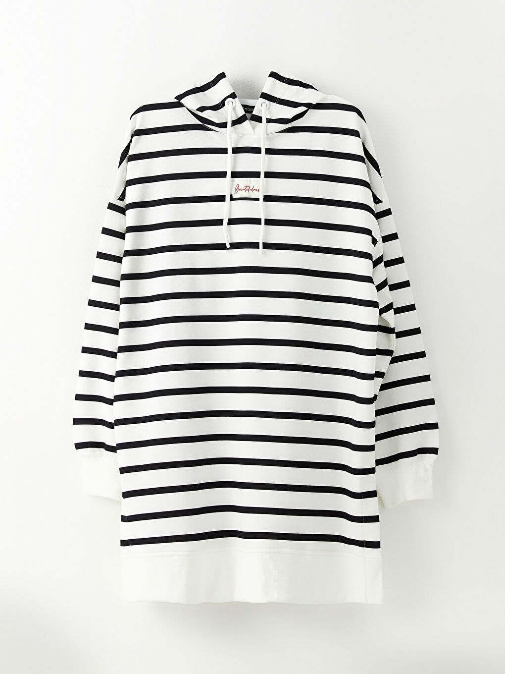 Siyah Kapüşonlu Çizgili Uzun Kollu Oversize Kadın Sweatshirt Tunik-5