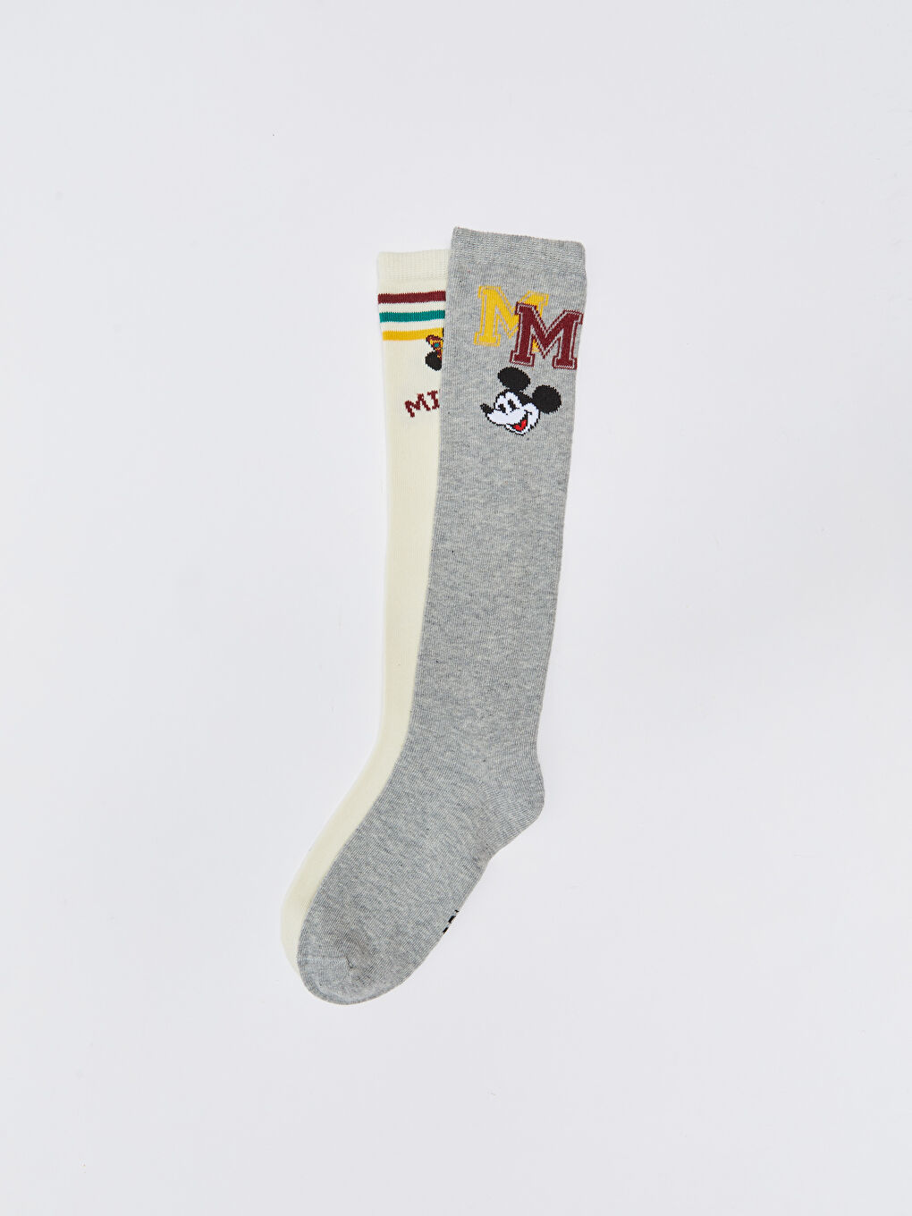 Ekru Minnie ve Mickey Mouse Desenli Kız Çocuk Diz Altı Çorap 2'li-1
