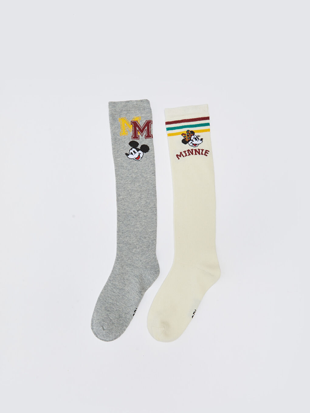 Ekru Minnie ve Mickey Mouse Desenli Kız Çocuk Diz Altı Çorap 2'li