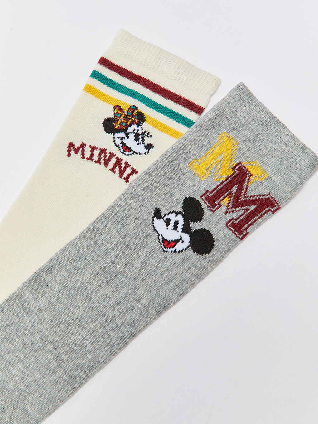 Ekru Minnie ve Mickey Mouse Desenli Kız Çocuk Diz Altı Çorap 2'li-3