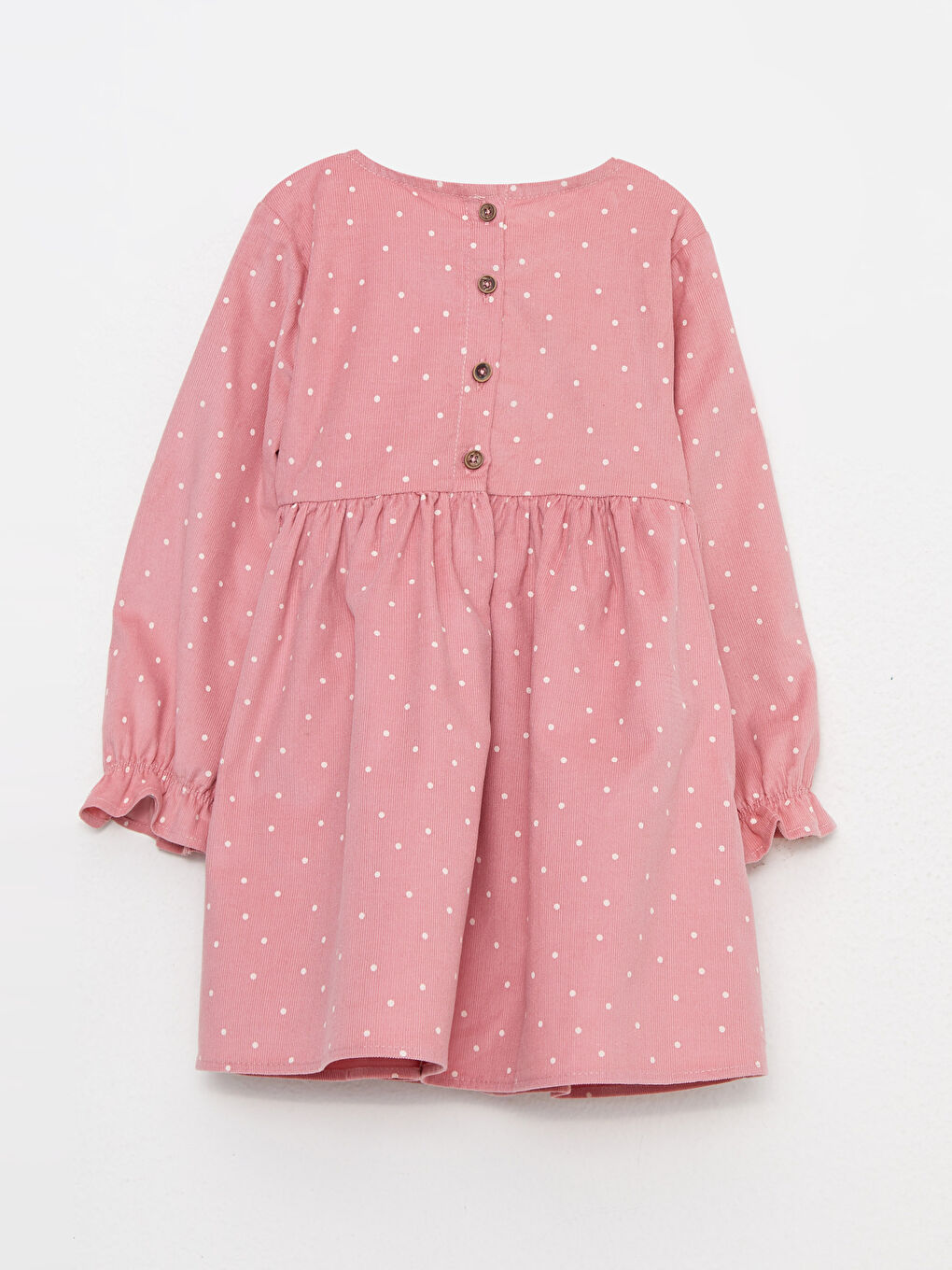 Pembe Bisiklet Yaka Uzun Kollu Desenli Kadife Kız Bebek Elbise-1