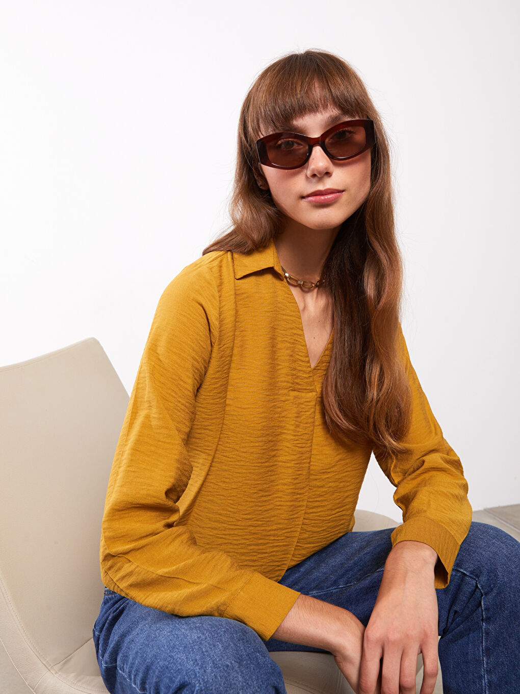 Sarı Gömlek Yaka Düz Uzun Kollu Kadın Bluz