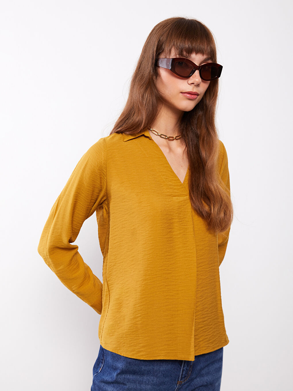 Sarı Gömlek Yaka Düz Uzun Kollu Kadın Bluz-1