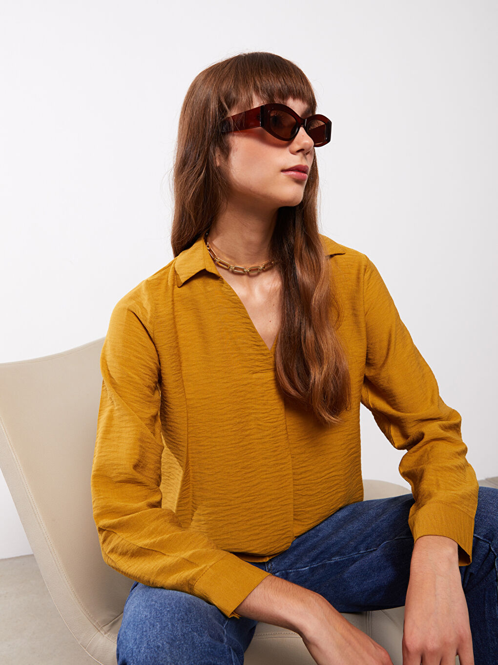 Sarı Gömlek Yaka Düz Uzun Kollu Kadın Bluz-2