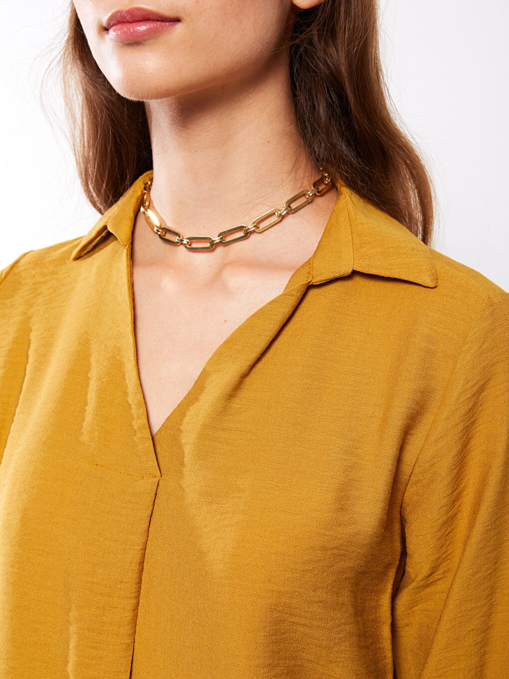 Sarı Gömlek Yaka Düz Uzun Kollu Kadın Bluz-3