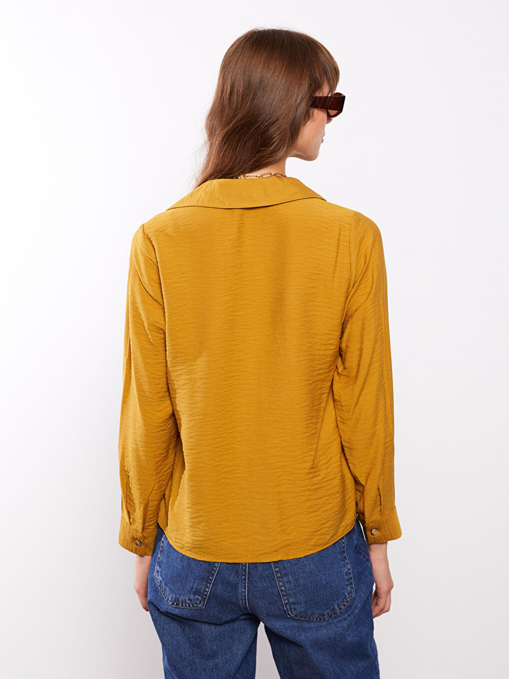 Sarı Gömlek Yaka Düz Uzun Kollu Kadın Bluz-4