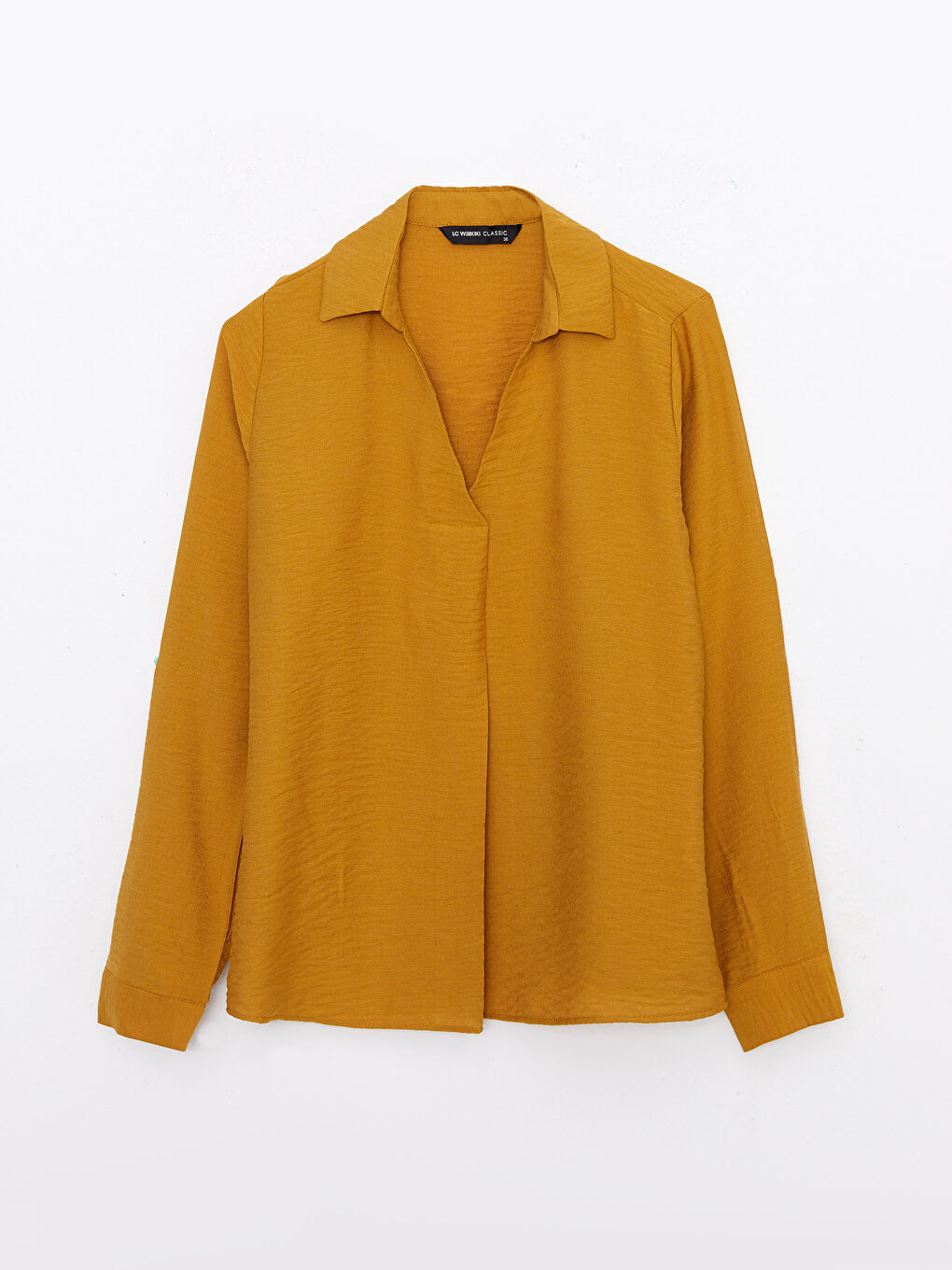 Sarı Gömlek Yaka Düz Uzun Kollu Kadın Bluz-5