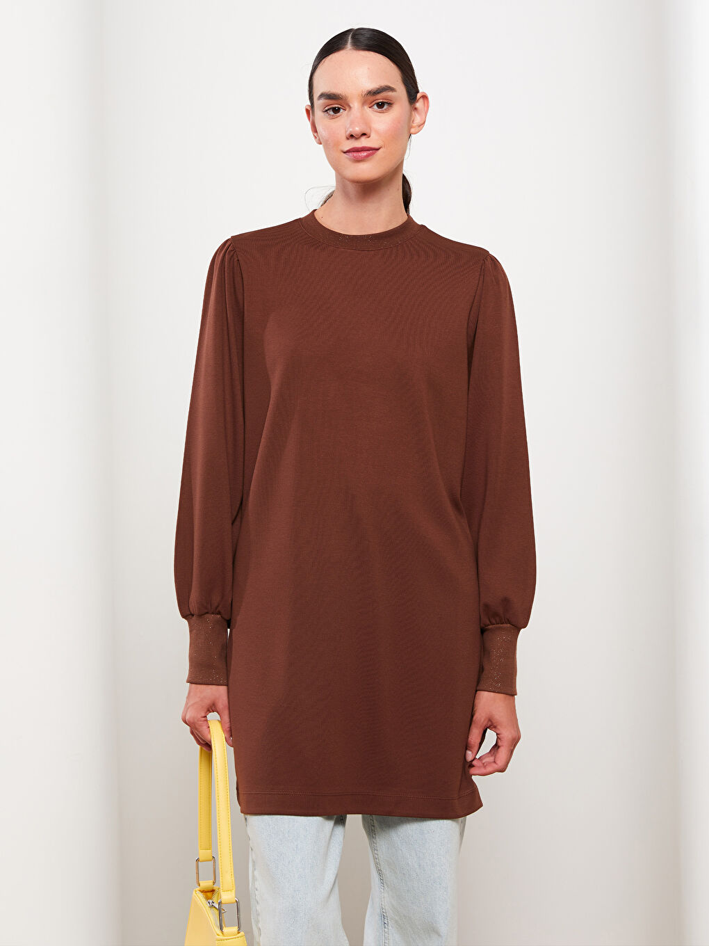 Kahverengi Bisiklet Yaka Düz Uzun Kollu Kadın Tunik