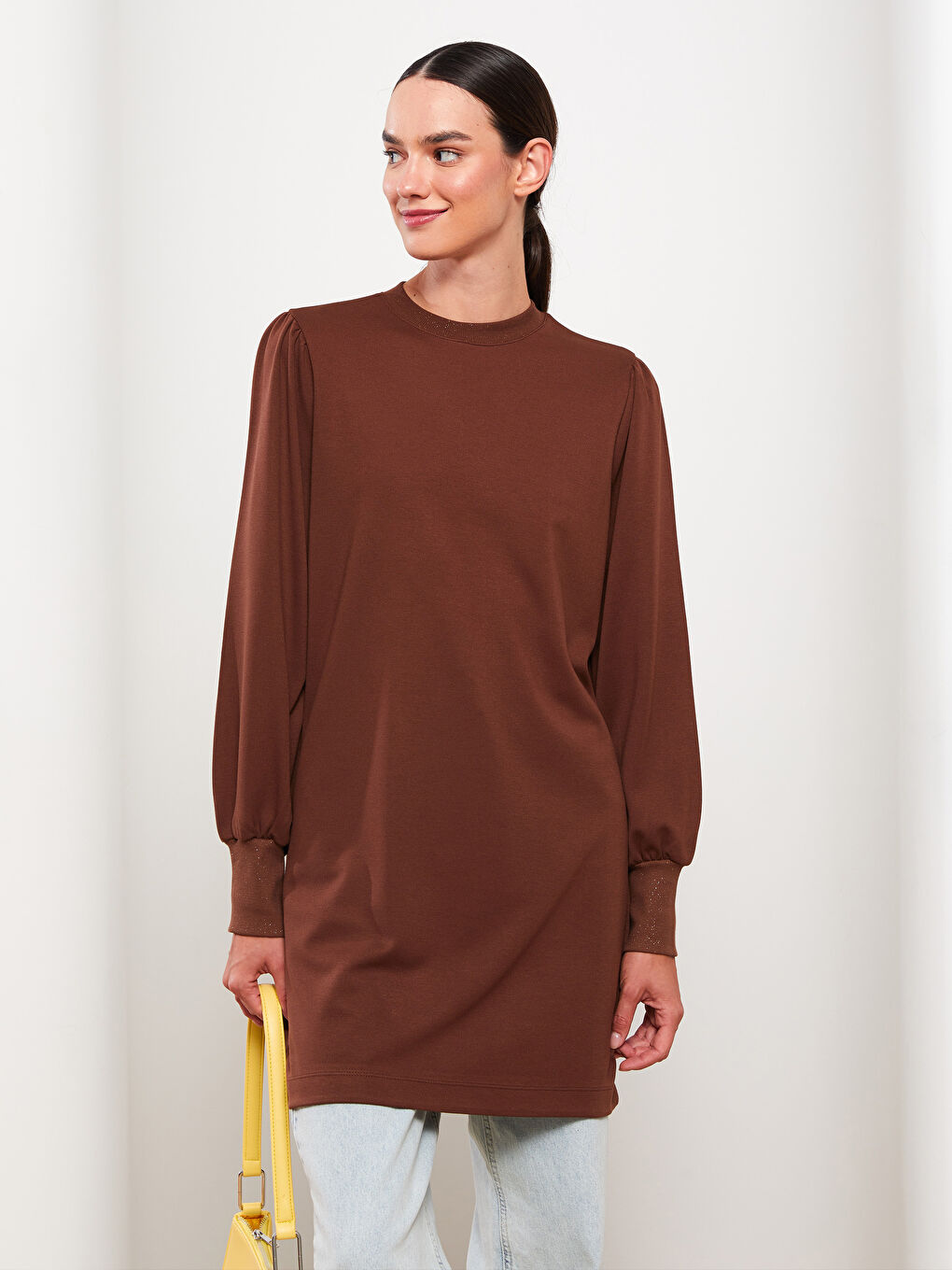 Kahverengi Bisiklet Yaka Düz Uzun Kollu Kadın Tunik-1