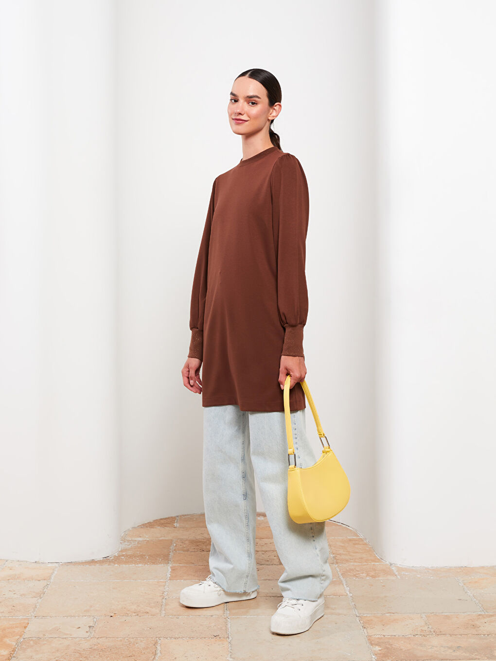 Kahverengi Bisiklet Yaka Düz Uzun Kollu Kadın Tunik-2