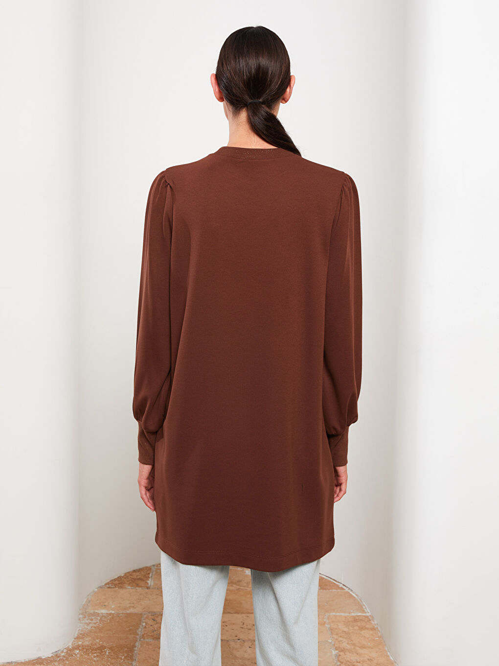Kahverengi Bisiklet Yaka Düz Uzun Kollu Kadın Tunik-4