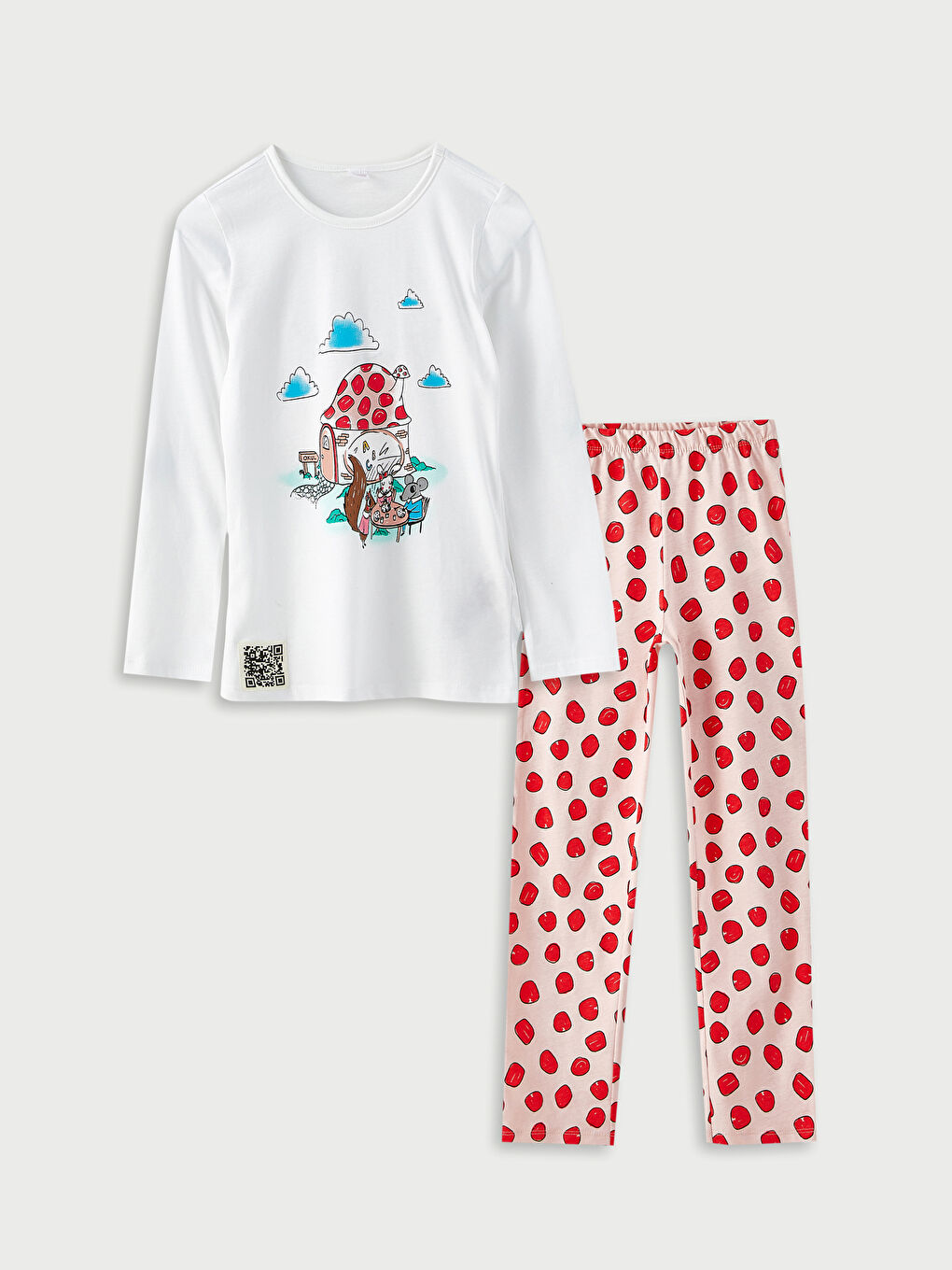 Beyaz Bisiklet Yaka Baskılı Uzun Kollu Kız Çocuk Pijama Takımı-4