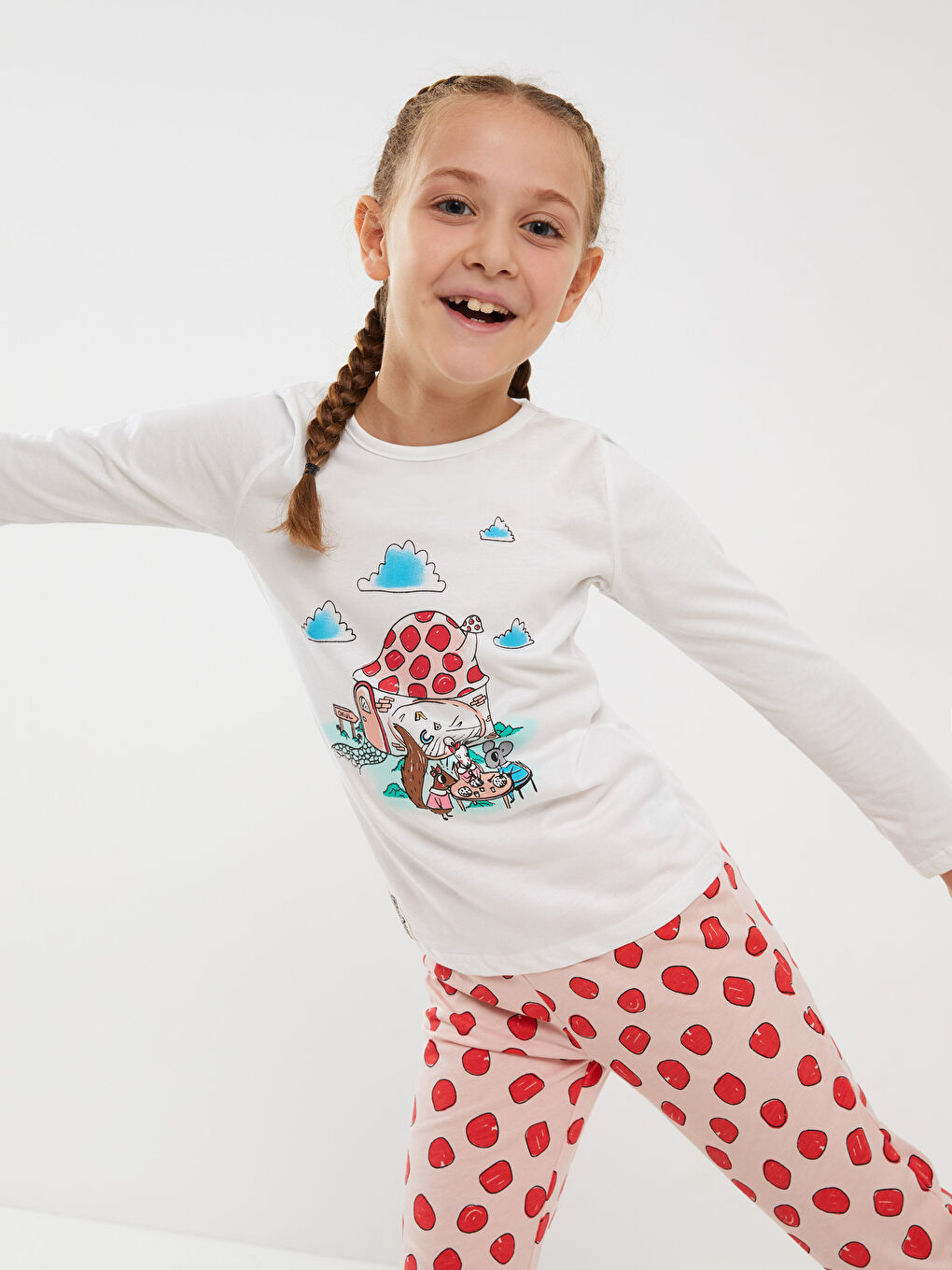 Beyaz Bisiklet Yaka Baskılı Uzun Kollu Kız Çocuk Pijama Takımı-1