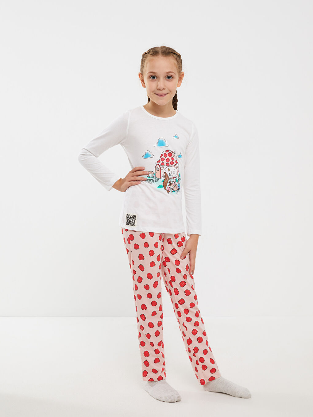 Beyaz Bisiklet Yaka Baskılı Uzun Kollu Kız Çocuk Pijama Takımı-2