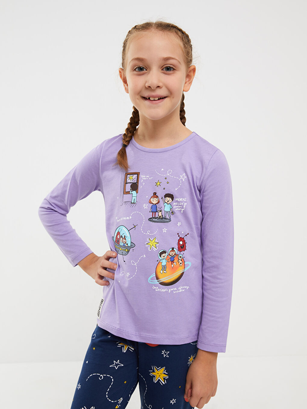 Lila Bisiklet Yaka Baskılı Uzun Kollu Kız Çocuk Pijama Takımı-1