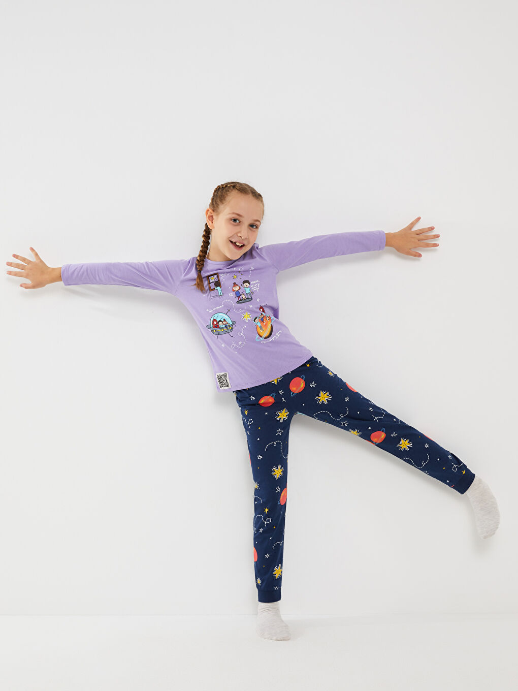 Lila Bisiklet Yaka Baskılı Uzun Kollu Kız Çocuk Pijama Takımı-2