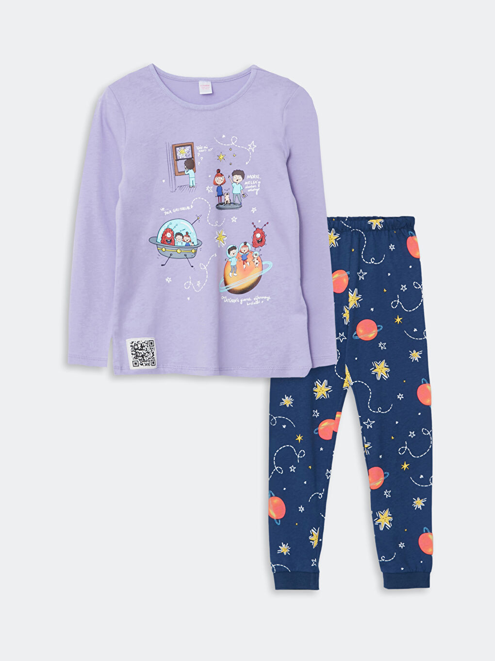 Lila Bisiklet Yaka Baskılı Uzun Kollu Kız Çocuk Pijama Takımı-3
