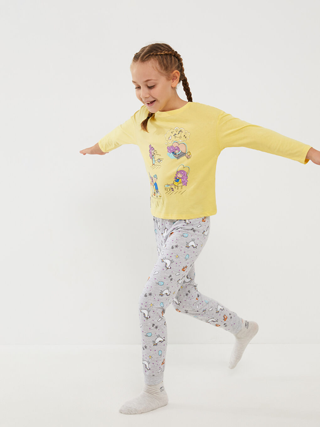 Sarı Bisiklet Yaka Baskılı Uzun Kollu Kız Çocuk Pijama Takımı-1