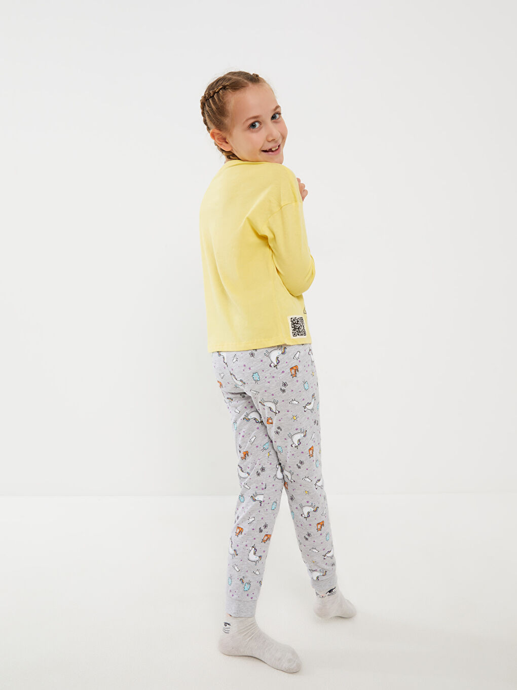 Sarı Bisiklet Yaka Baskılı Uzun Kollu Kız Çocuk Pijama Takımı-2