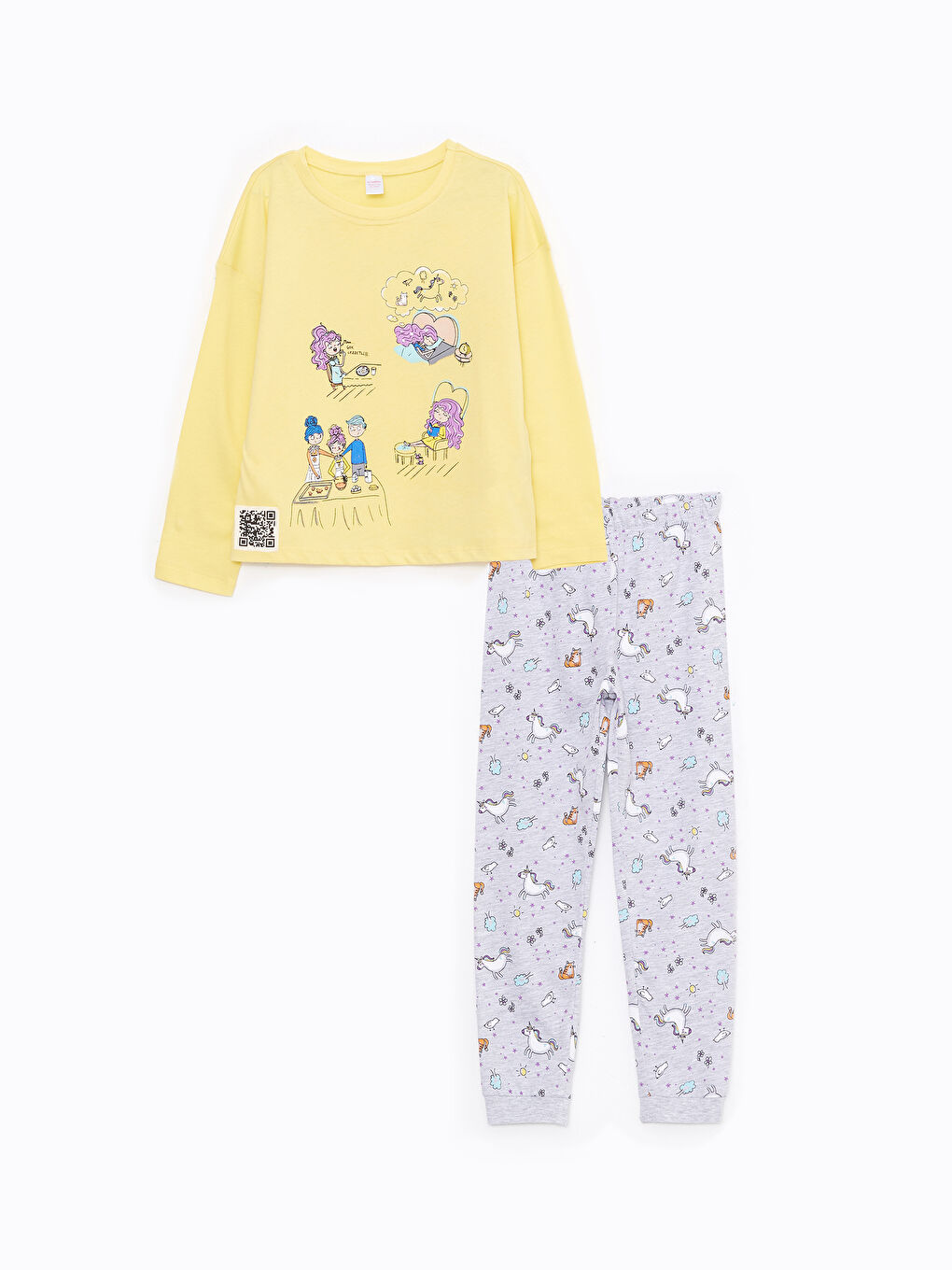 Sarı Bisiklet Yaka Baskılı Uzun Kollu Kız Çocuk Pijama Takımı-3