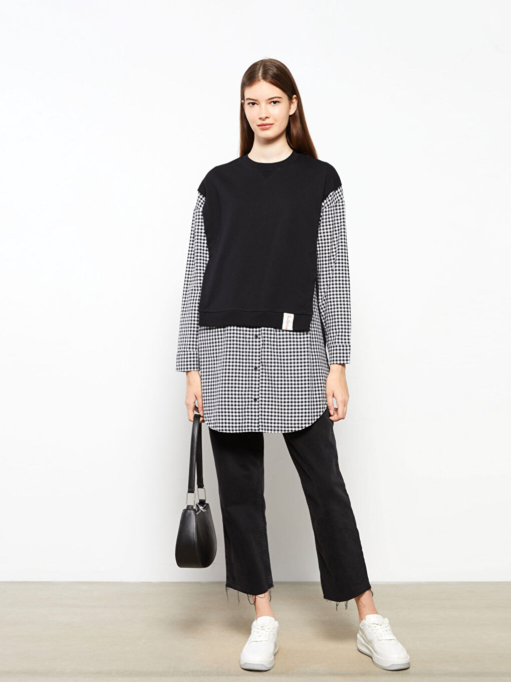 Siyah Bisiklet Yaka Ekose Uzun Kollu Oversize Kadın Sweatshirt Tunik