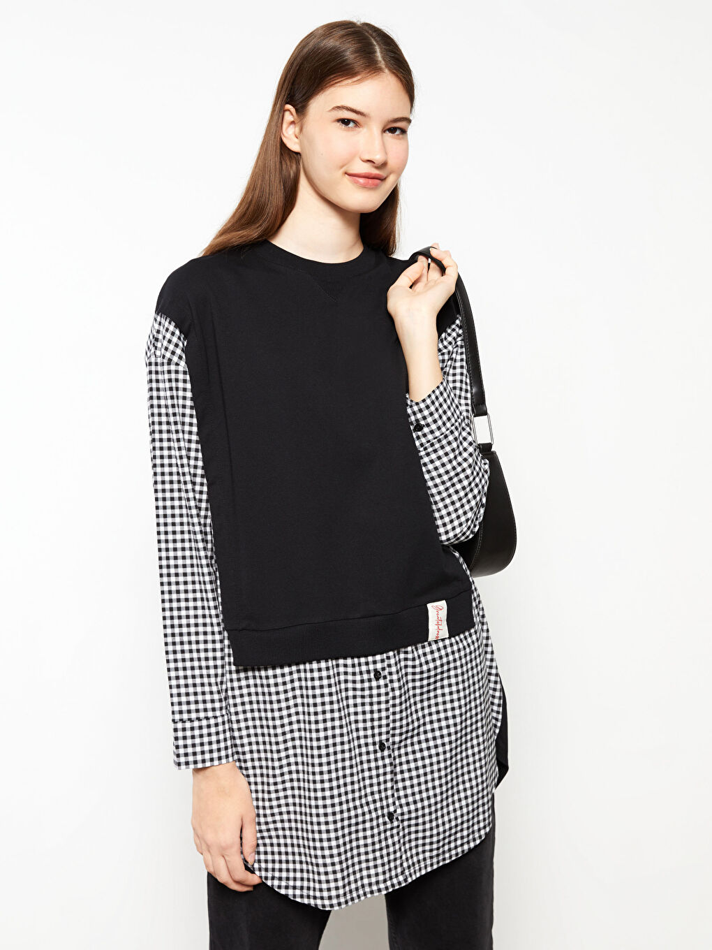 Siyah Bisiklet Yaka Ekose Uzun Kollu Oversize Kadın Sweatshirt Tunik-1