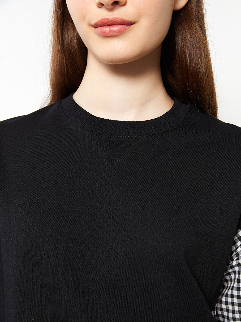 Siyah Bisiklet Yaka Ekose Uzun Kollu Oversize Kadın Sweatshirt Tunik-2