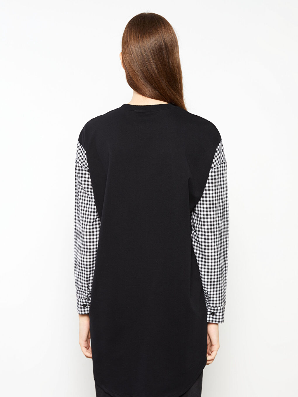 Siyah Bisiklet Yaka Ekose Uzun Kollu Oversize Kadın Sweatshirt Tunik-3