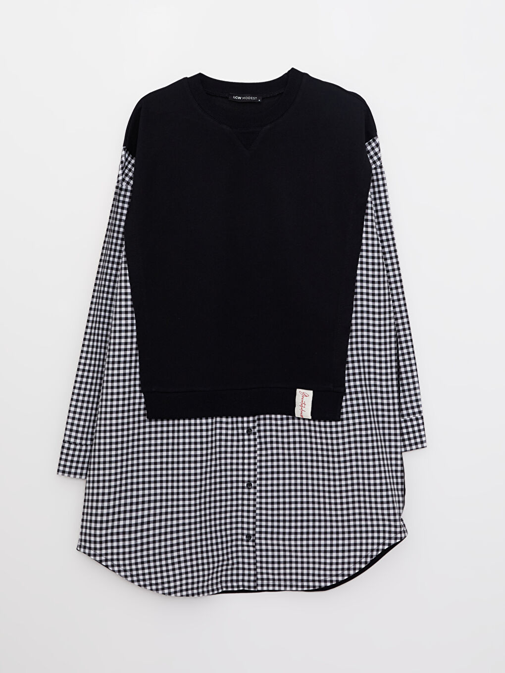 Siyah Bisiklet Yaka Ekose Uzun Kollu Oversize Kadın Sweatshirt Tunik-5