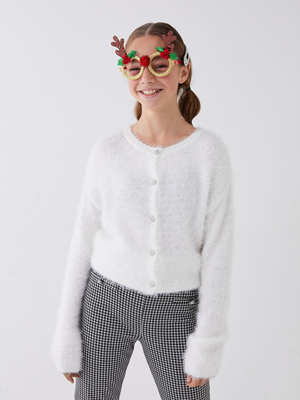 Ekru Bisiklet Yaka Basic Uzun Kollu Kız Çocuk Triko Hırka-1