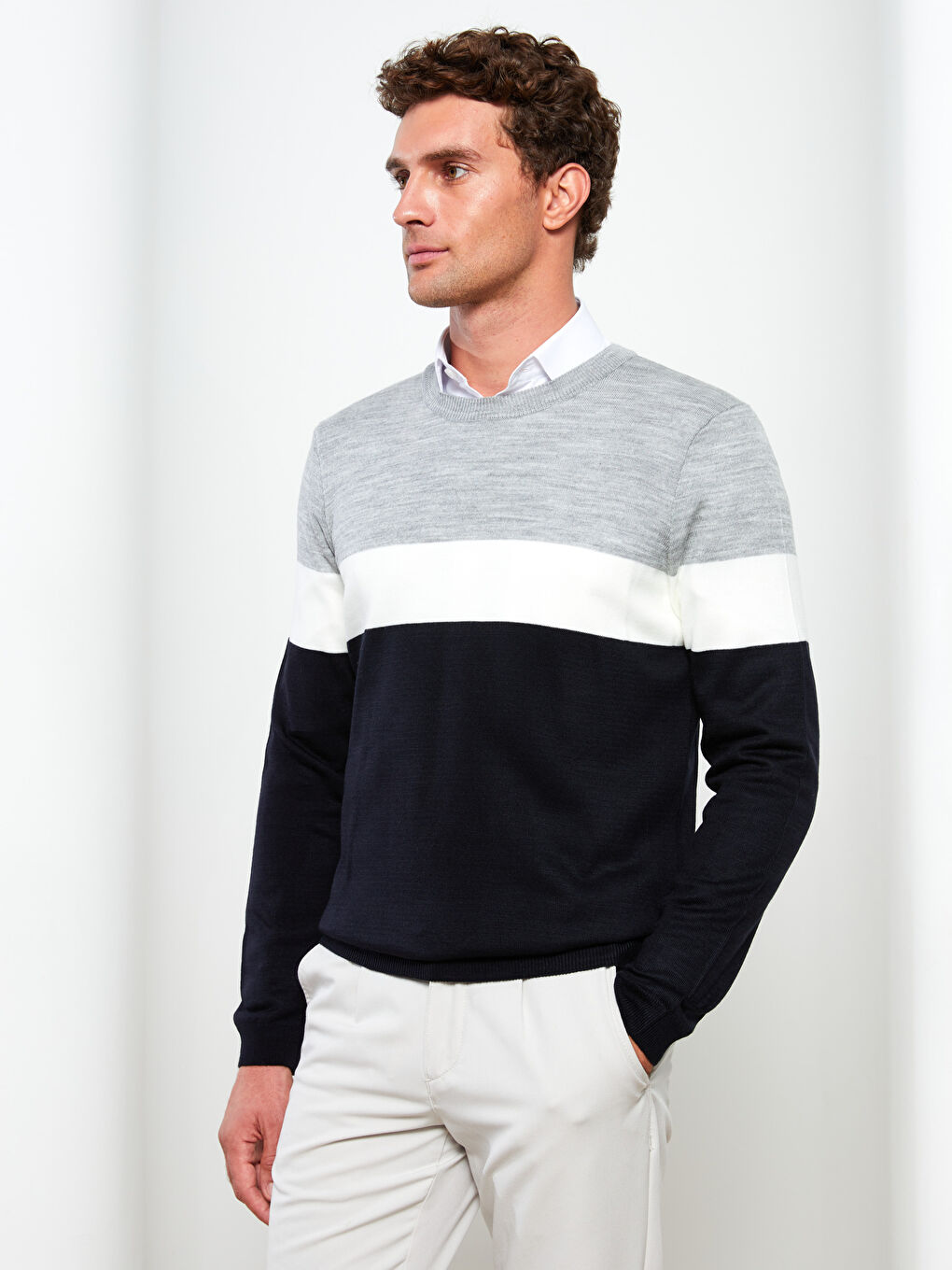 LCW ECO Rundhalsausschnitt Langarm Farbblock Herren Strickpullover -W2FO57Z8-SP7