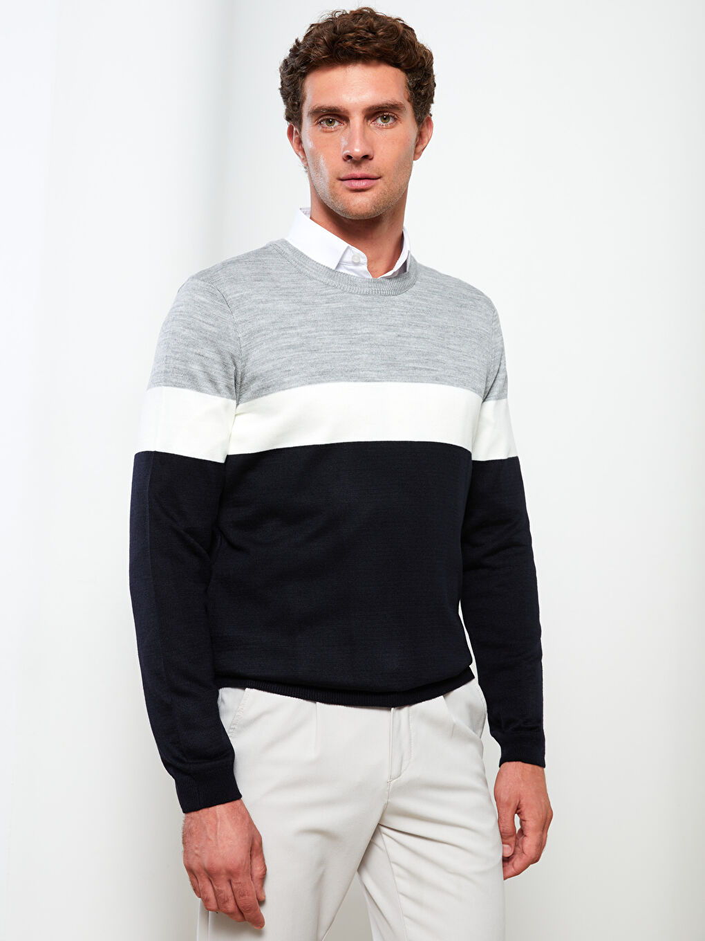 LCW ECO Rundhalsausschnitt Langarm Farbblock Herren Strickpullover -W2FO57Z8-SP7