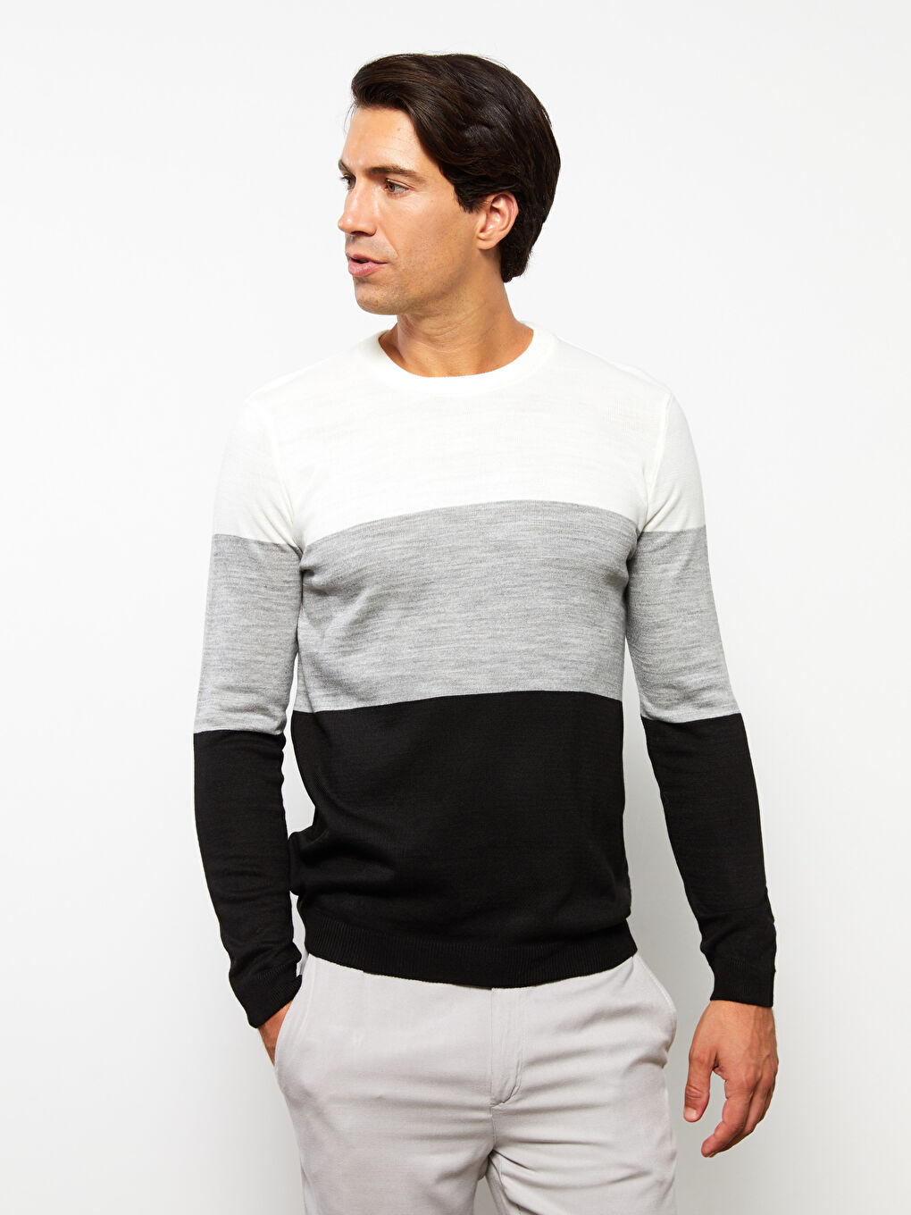 Gri Bisiklet Yaka Uzun Kollu Renk Bloklu Erkek Triko Kazak