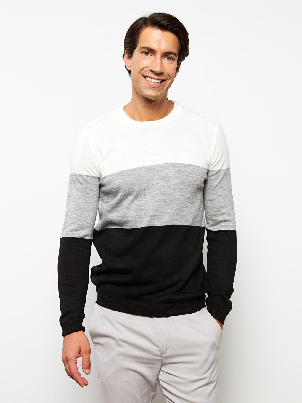 Gri Bisiklet Yaka Uzun Kollu Renk Bloklu Erkek Triko Kazak-2