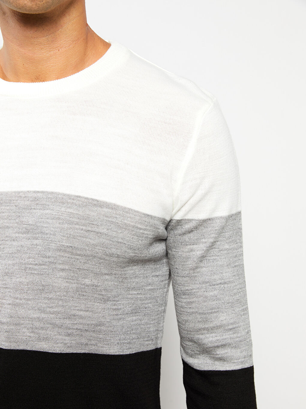 Gri Bisiklet Yaka Uzun Kollu Renk Bloklu Erkek Triko Kazak-3