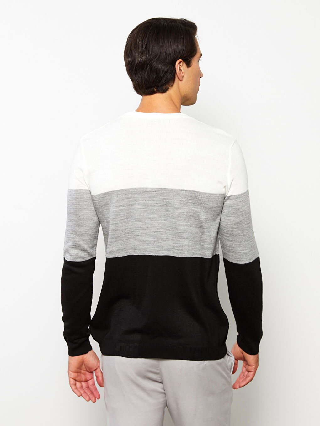 Gri Bisiklet Yaka Uzun Kollu Renk Bloklu Erkek Triko Kazak-4