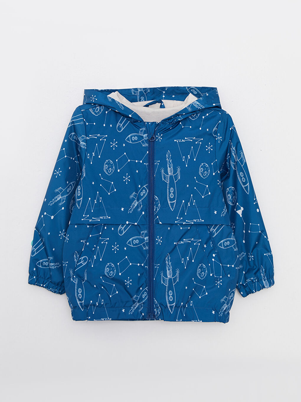 Mavi Kapüşonlu Uzun Kollu Baskılı Erkek Bebek Mont-1