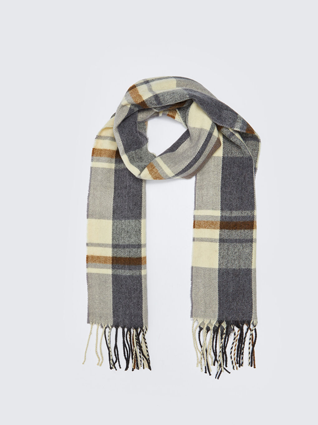 Bej Ekose Desenli Saçaklı Erkek Atkı-3