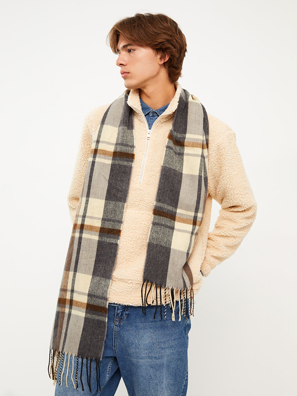 Bej Ekose Desenli Saçaklı Erkek Atkı