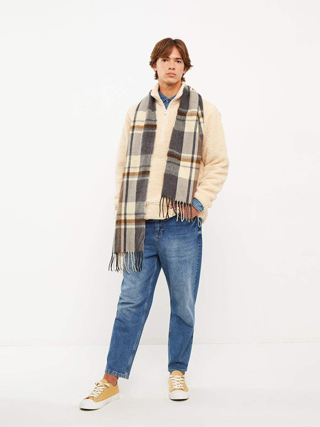 Bej Ekose Desenli Saçaklı Erkek Atkı-2