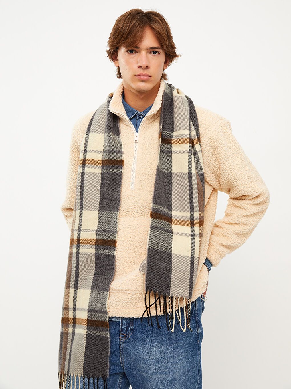 Bej Ekose Desenli Saçaklı Erkek Atkı-1