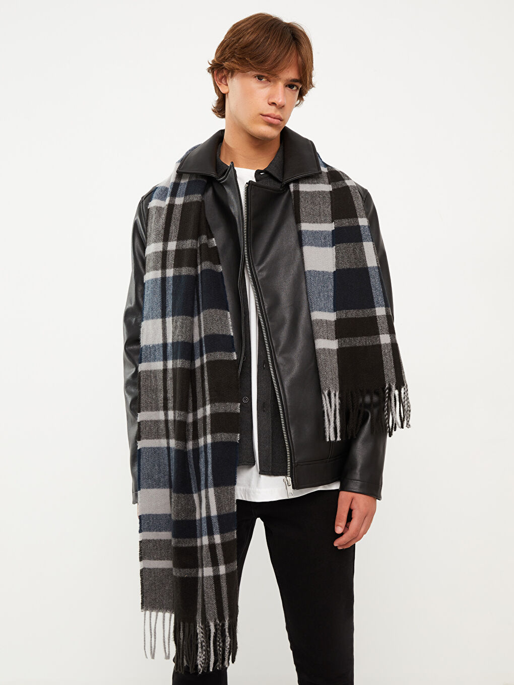 Antrasit Ekose Desenli Saçaklı Erkek Atkı