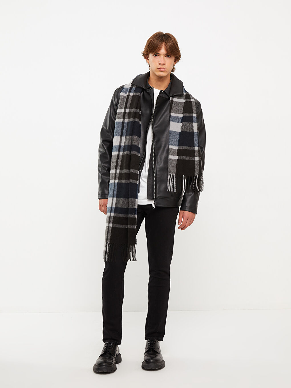 Antrasit Ekose Desenli Saçaklı Erkek Atkı-1