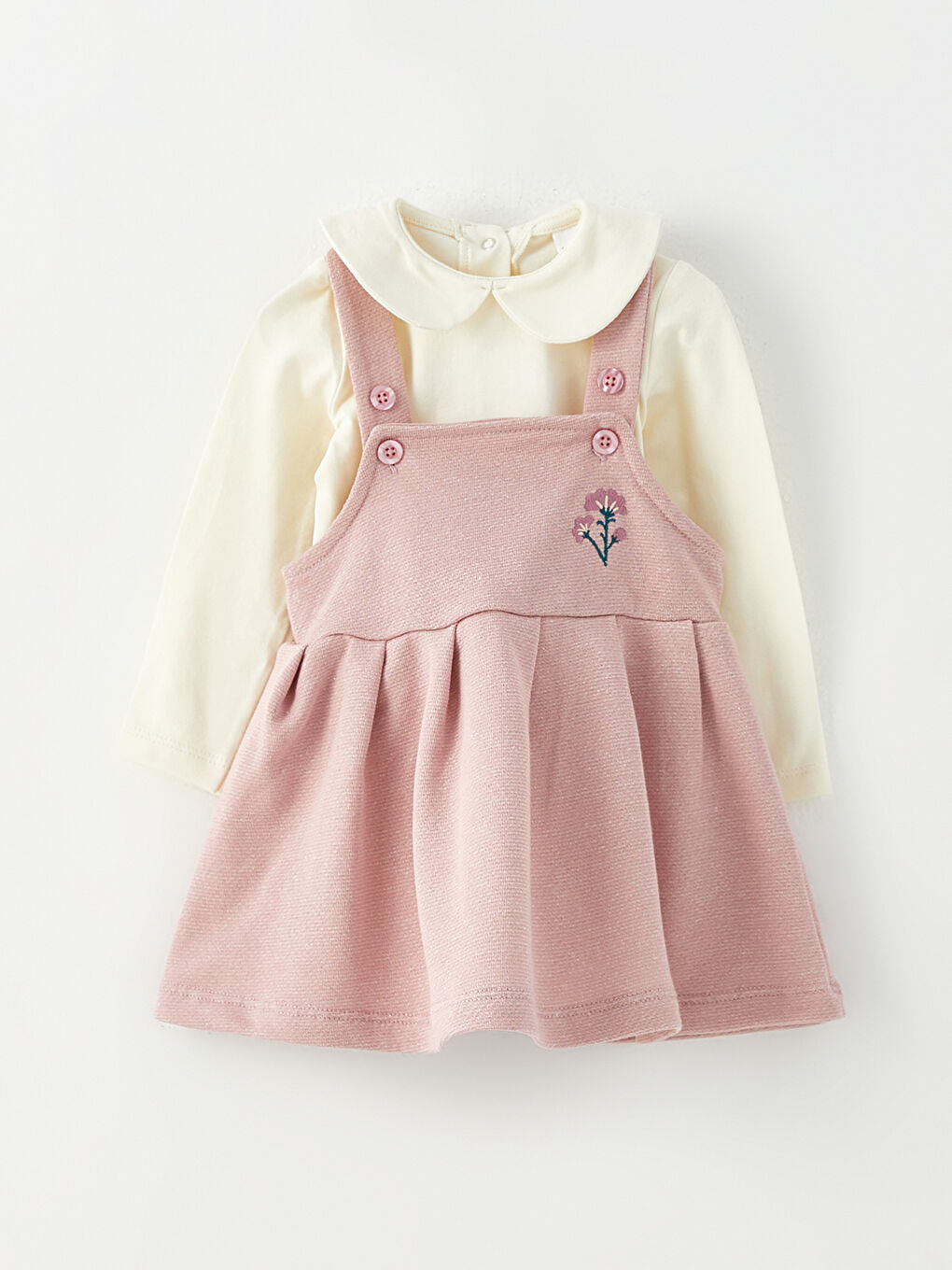 Pembe Nakış Detaylı Kız Bebek Salopet Elbise ve Çıtçıtlı Body 2'li-4