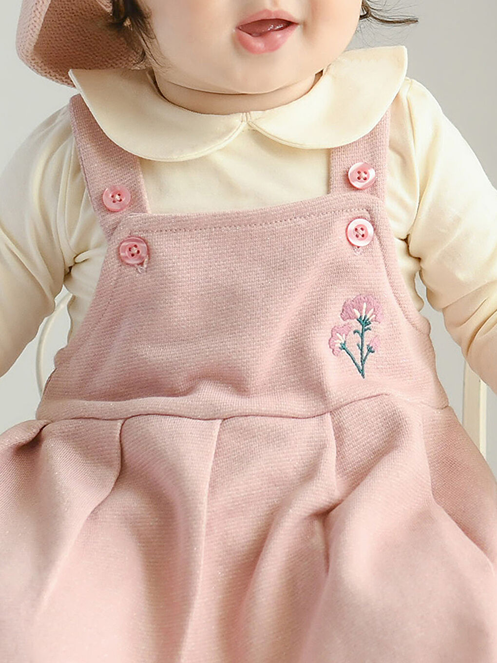 Pembe Nakış Detaylı Kız Bebek Salopet Elbise ve Çıtçıtlı Body 2'li-2