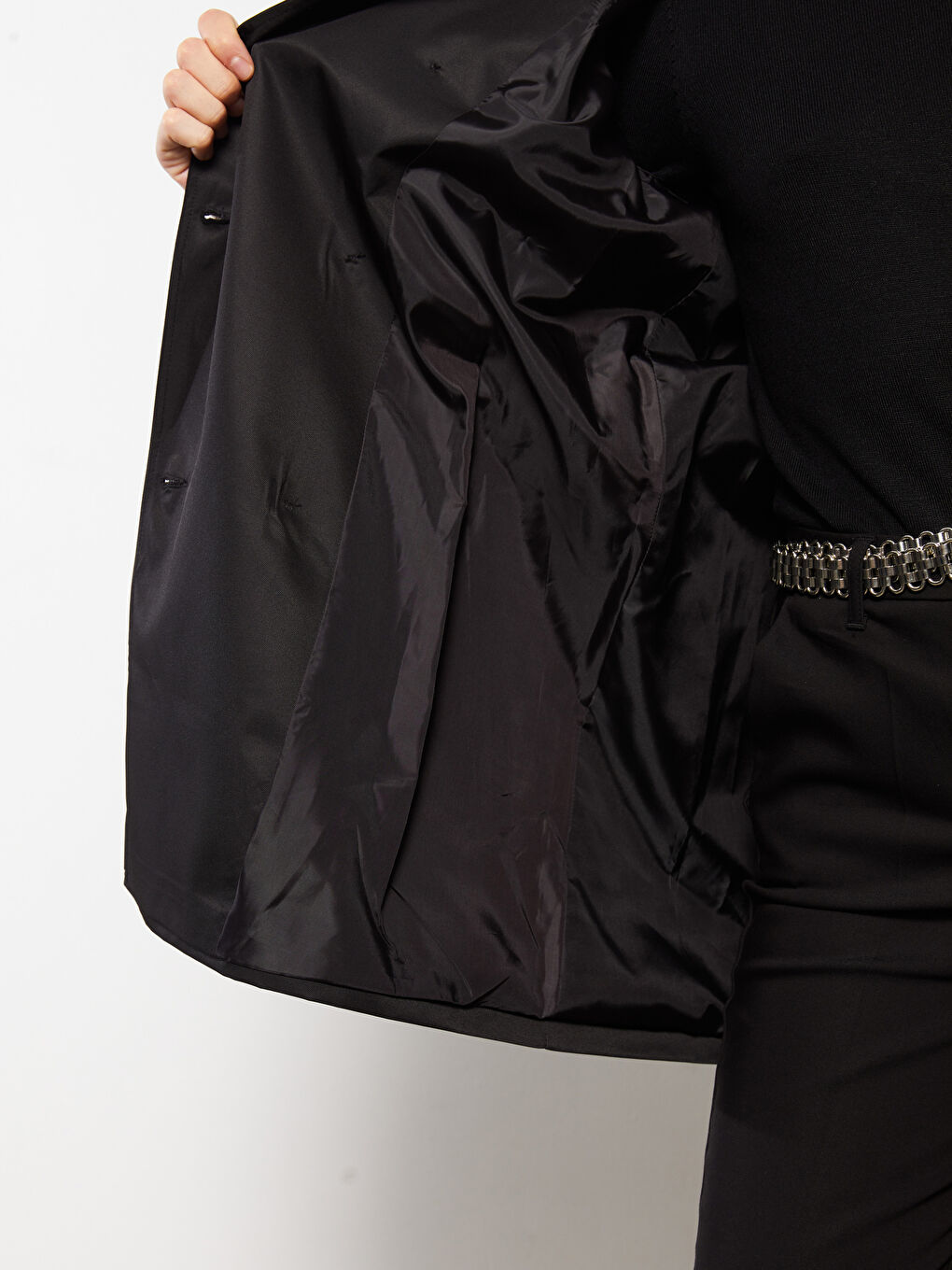 Siyah Ceket Yaka Düz Uzun Kollu Kadın Trençkot-4