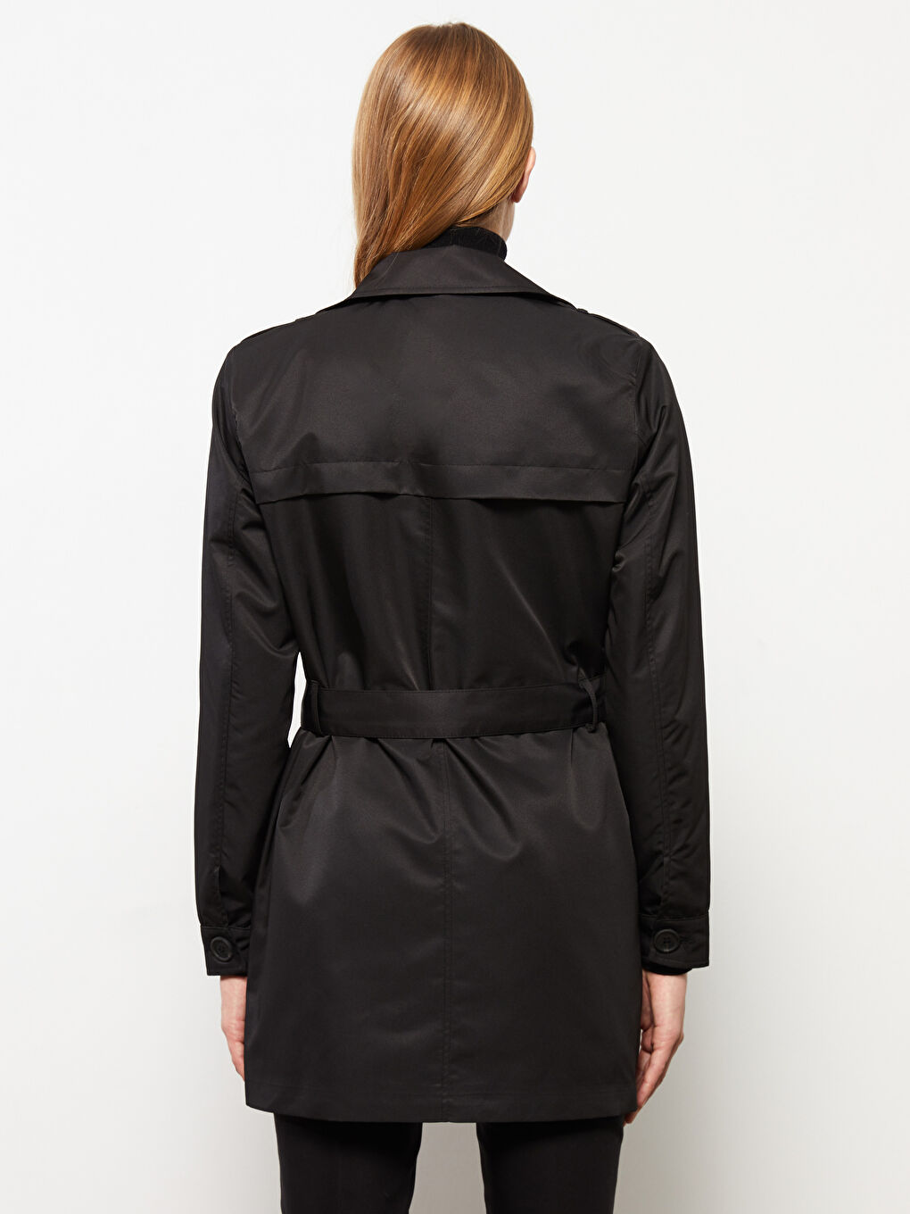 Siyah Ceket Yaka Düz Uzun Kollu Kadın Trençkot-5