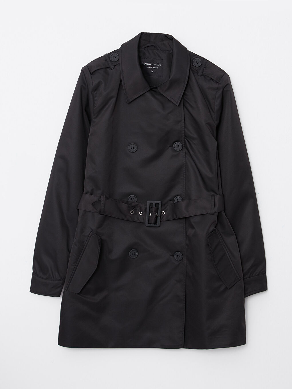 Siyah Ceket Yaka Düz Uzun Kollu Kadın Trençkot-6