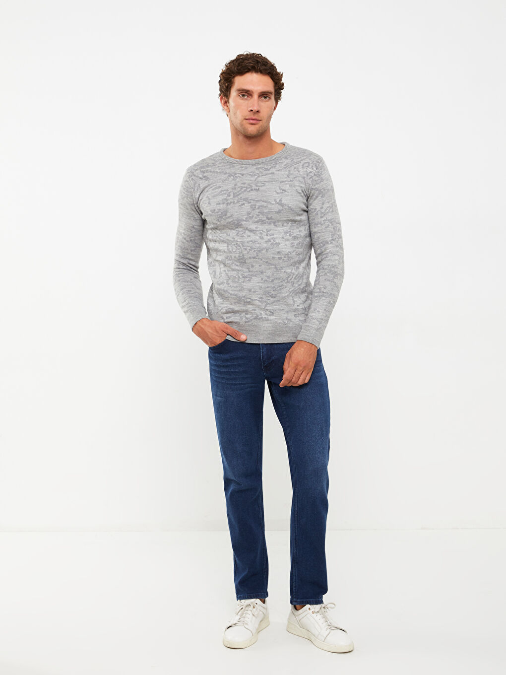 Crew Neck Long Sleeve Patterned Men's Knitwear Sweater