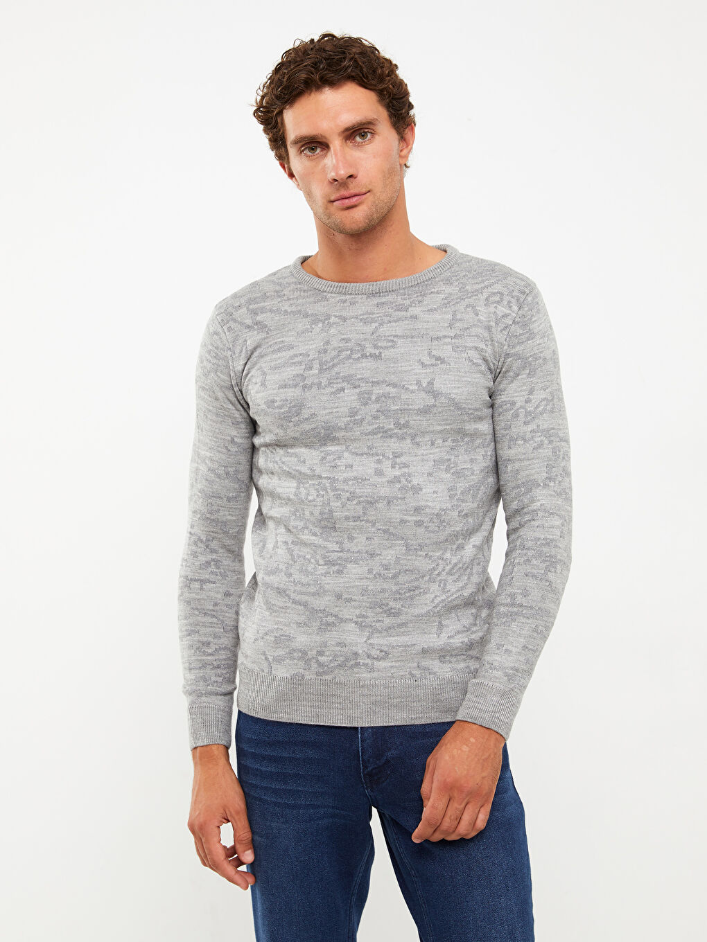Crew Neck Long Sleeve Patterned Men's Knitwear Sweater-1